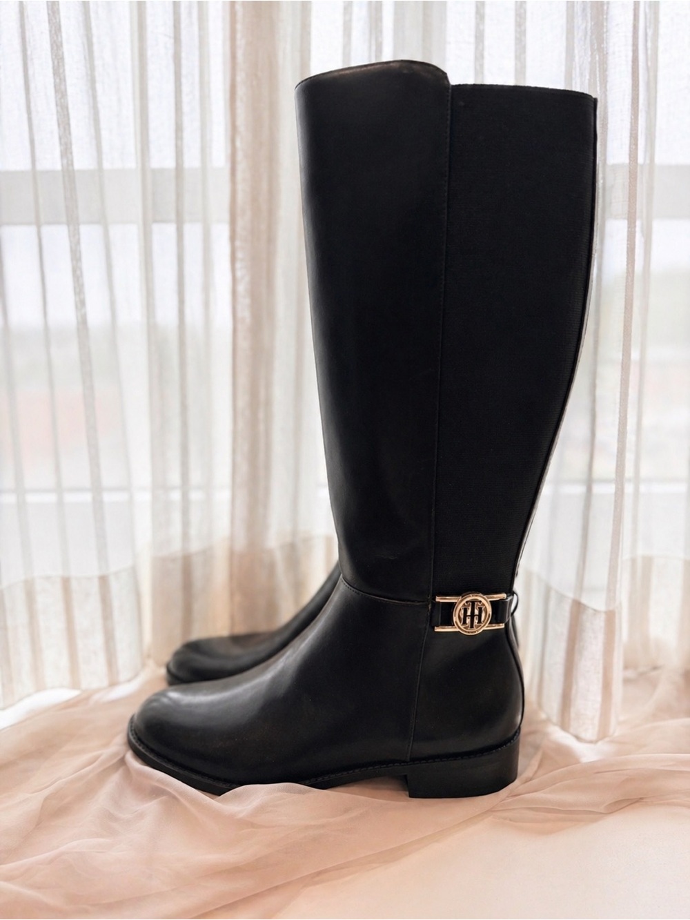 Tommy Hilfiger Black Leather Tall Riding Boots with Gold Logo Accent